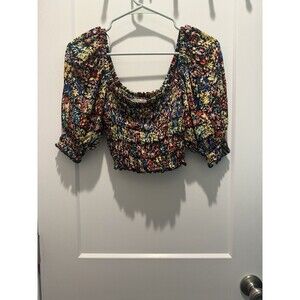 Urban Outfitters L Large Sara Smocked Cropped Top Black Floral Multi Color Boho